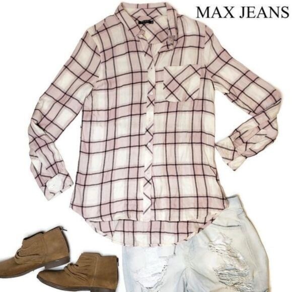 Max Jeans Plaid Button-Up Shirt Medium lumberjack white pink fall pumpkin patch - Picture 1 of 7